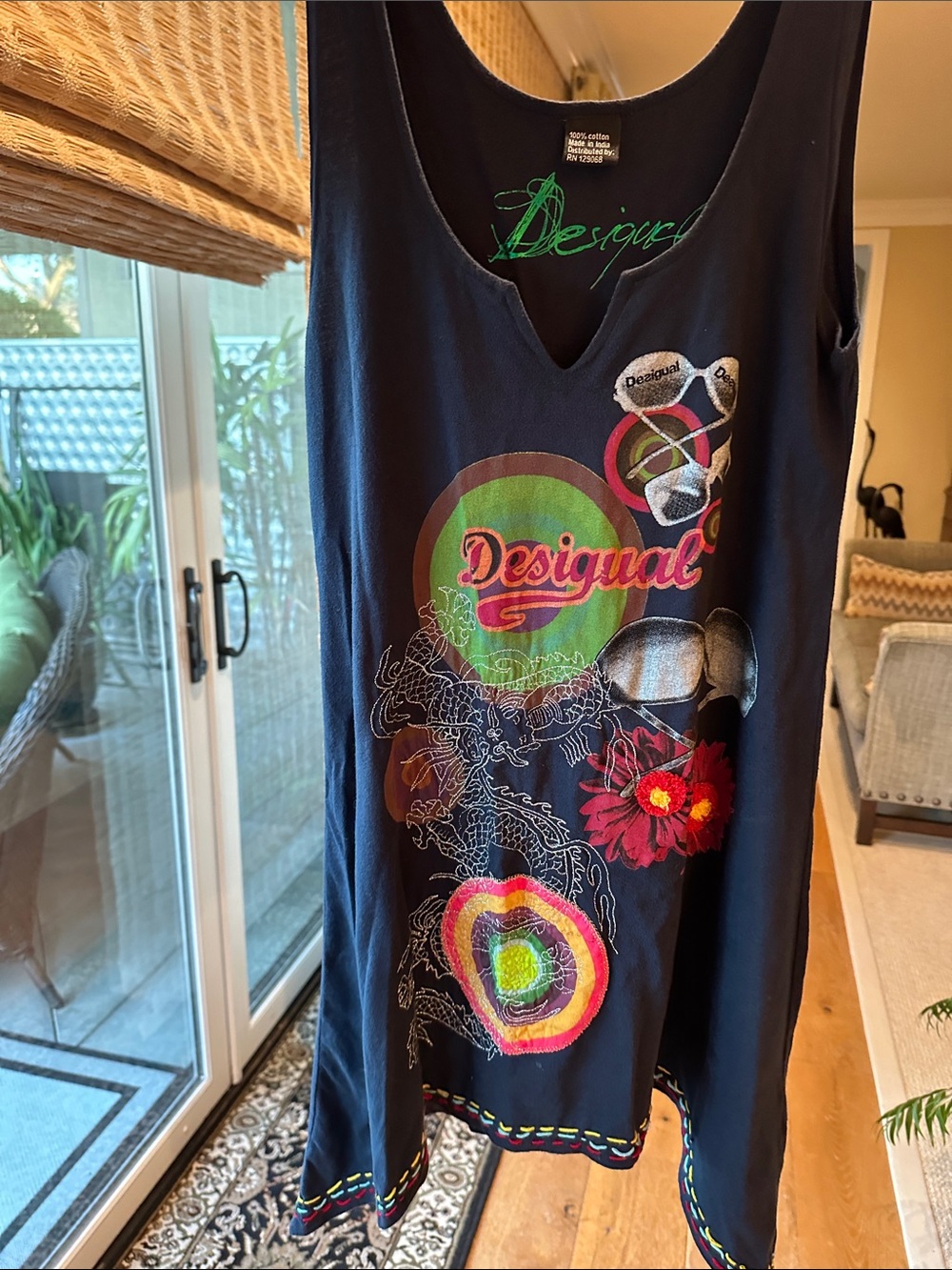 Desigual Navy Multicolor Embroidered Graphic Tank Dress